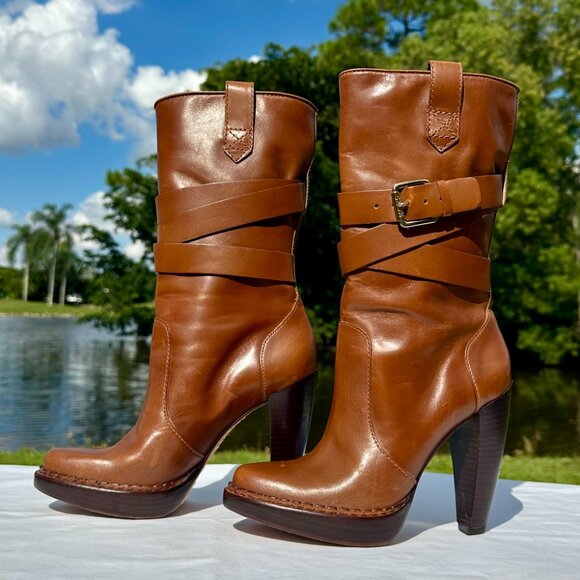 KORS Michael Kors Lisa Mid-Calf Heel Wrap Buckle Biker Boots Saddle Size 7M - Picture 3 of 11